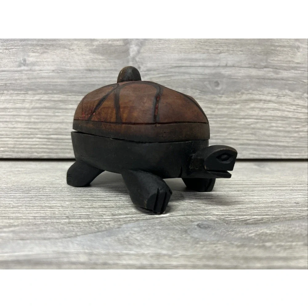Wood Turtle Trinket Box With Lid Folk Art Vintage Hand Carved Kenya A4‎